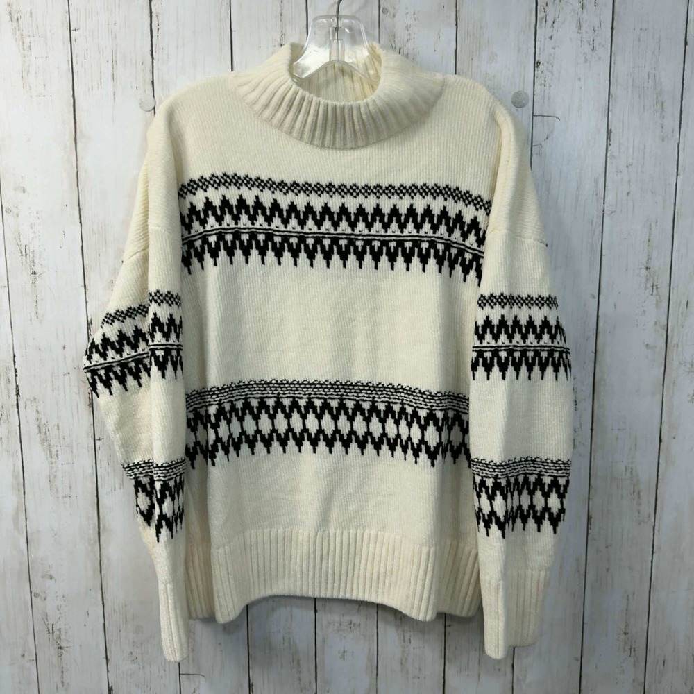 Christian Siriano NY Women's Ivory Black Fair Isle Mock Neck Sweater Size L